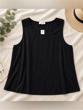 GAP Black Linen Blend Tank Top XL NWT Sleeveless Summer Blouse Textured Detail